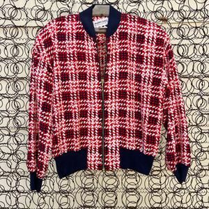 Andrea Gayle Red White Printed Plaid Zip Up Windbreaker Jacket Size 10